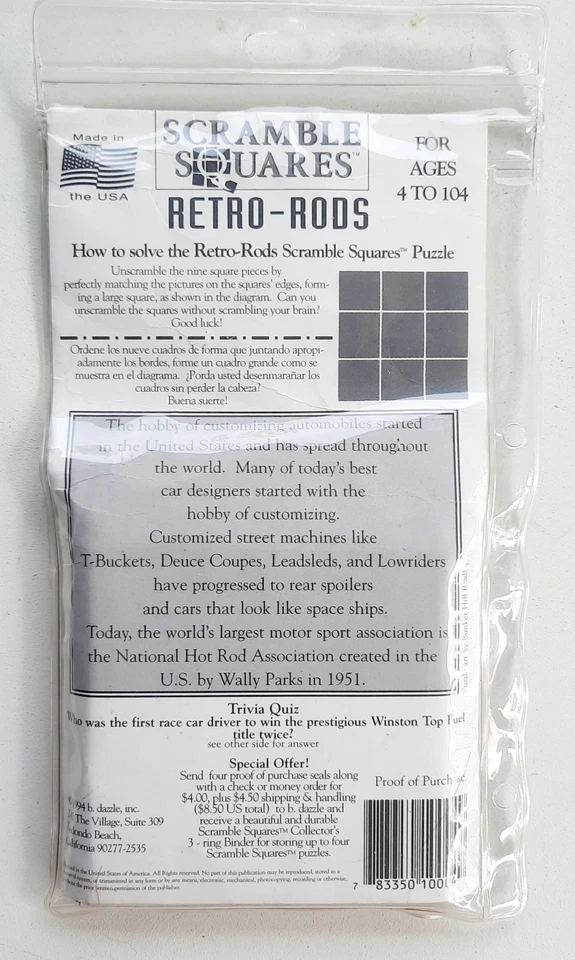 1994 Scramble Squares RETRO RODS Cars Puzzle Gift NEW!  - Image 3 of 4