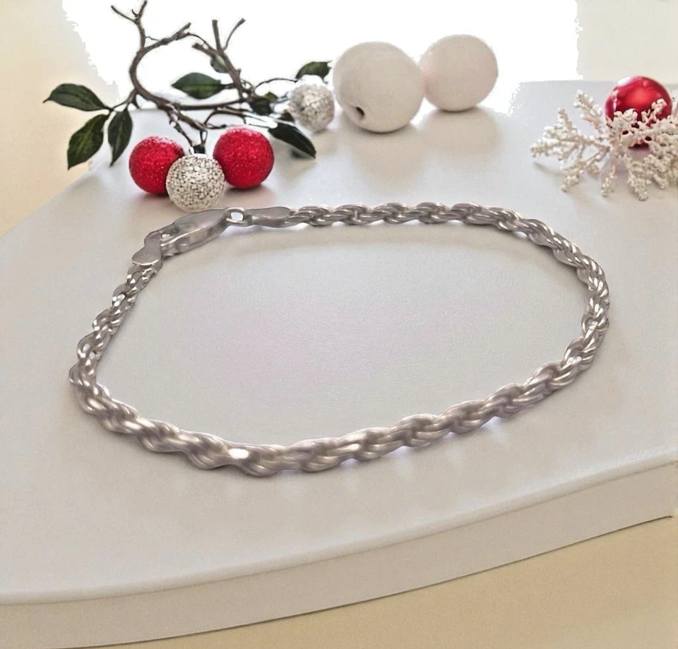 Pulsera de cadena de cuerda de 2 mm de plata de ley 925 italiana de diseño vintage, 7,5" Foto 2 de 4