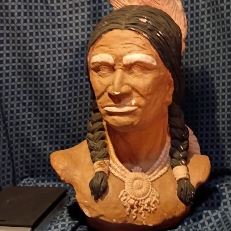 Painted Ceramic Native American Bust Sculpture Braided Hair Feather 20" Decor