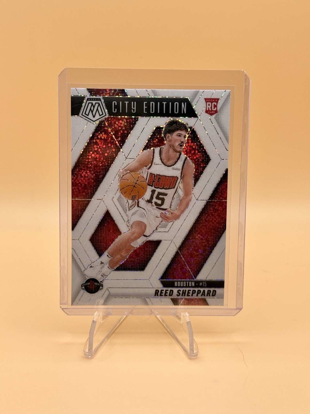 2024-25 Mosaic Rookie White Sparkle Reed Sheppard City Edition SSP Rockets Rare