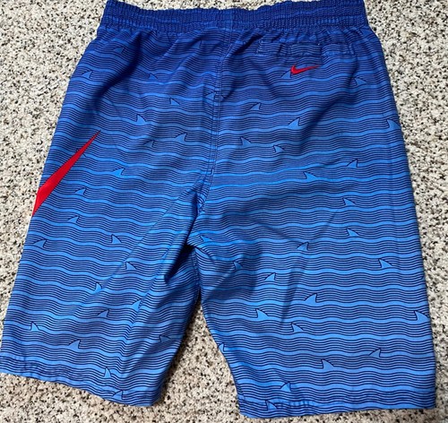 NIKE Shark Boy Blue Swim Shorts Trunks Lined Size LARGE Big Logo - Picture 2 of 4