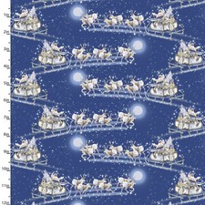 3 Wishes Fabric Christmas Here Comes Santa Flying Sleigh Blue YARD