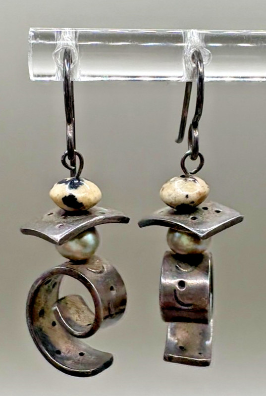 Artisan Sterling Silver Pearl Bead Spiral Dangle Earrings