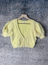 For Love  Lemons Cardigan Sweater Womens Small Yellow Fuzzy Puff Sleeve Cropped