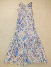 Halston Sky Blue and White Floral Maxi Dress Linen Rayon Size Small