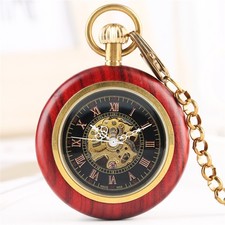 Red Sandalwood Wood Case Skeleton Open Face Mechanical Pocket Watch w/ Chain