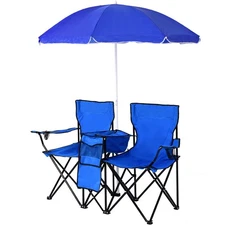 Folding Picnic Chair Portable Camping Chair Loveseat w/ Umbrella Cup Holder