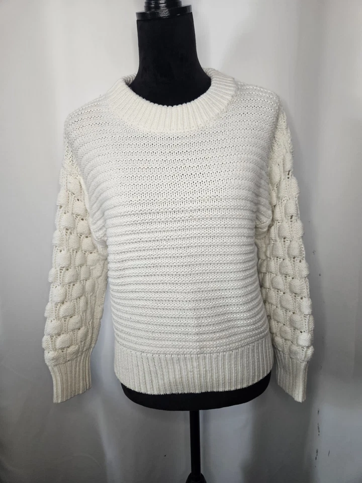 Suéter Elodie Manga Burbuja Grueso Tejido Blanco Para Mujer Pequeño Boho Cottage