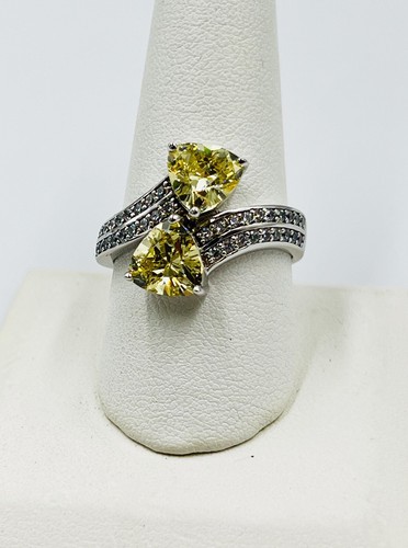 Sterling Silver Double Heart Yellow & White CZ Size 10 6.7g