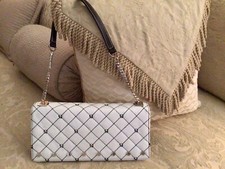 St John Knits Quilted Leather Designer Handbag White&black W/silver Tone Details