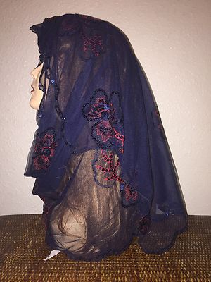Long Foulard Hijab Bleu Marine - Matière Sheer Et Dentelle, Motif Floral, Très Joli, Neuf Avec étiquettes