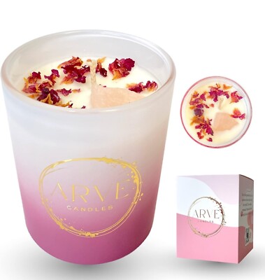 ARVE Love candle Pink champagne 7oz 100% Soy Wax, Glass Container W/Rose Quartz
