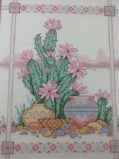 Finished Cross Stitch Piece Dimensions 16" X 20'  Desert Cactus Matted Vintage
