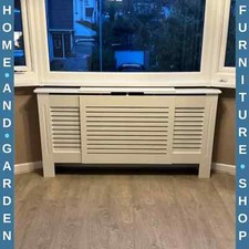 White Extendable Radiator Cover Cabinet Shelving Slatted Design MDF Living Room