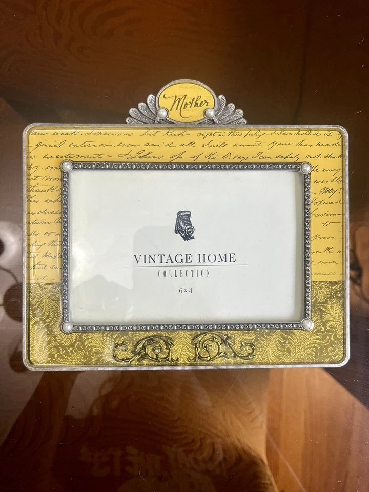 Marco de fotos ornamentado de vidrio de metal amarillo madre colección vintage para el hogar 6 x 4 Foto 2 de 3