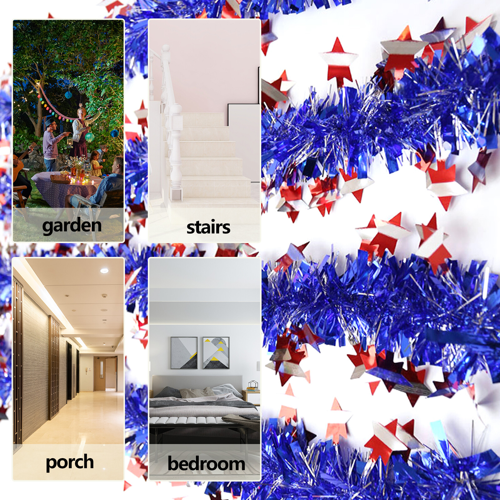 Patriotic Tinsel Garland, American Flag Wreath, for 4th of July