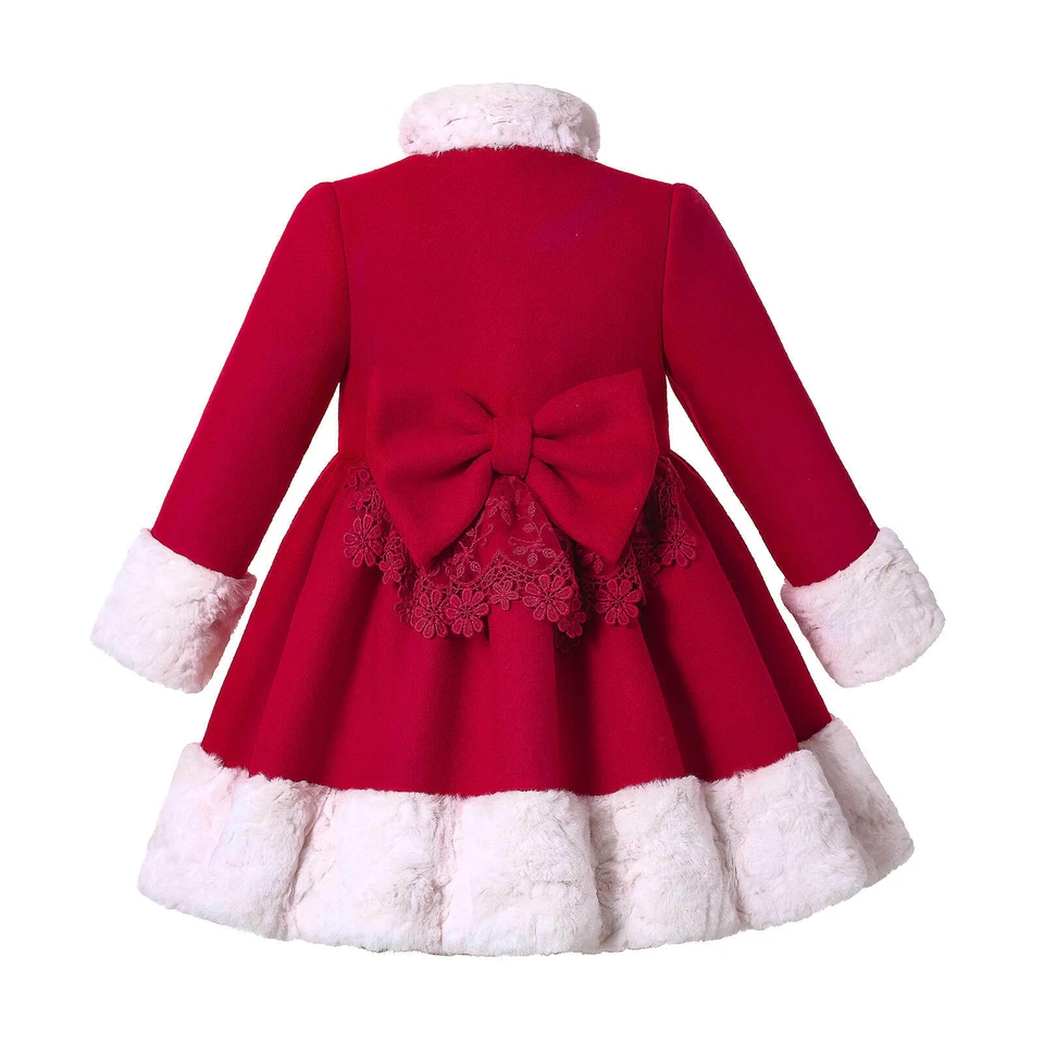 2-12Y Kids Girls Winter Warm Coat w/ Bow Fur FlenceThick Jacket Parka Coat Red - Image 3 of 4
