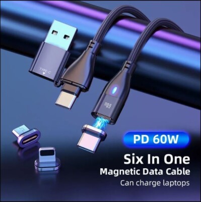 6-in-1 Magnetic Fast Charging Cable PD 60W 3A Nylon USB Type-C Micro Charger