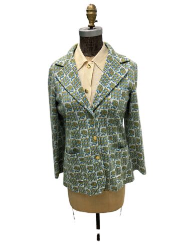 1970s Vintage Carnaby Knit Aqua Gold Retro Patter… - image 1