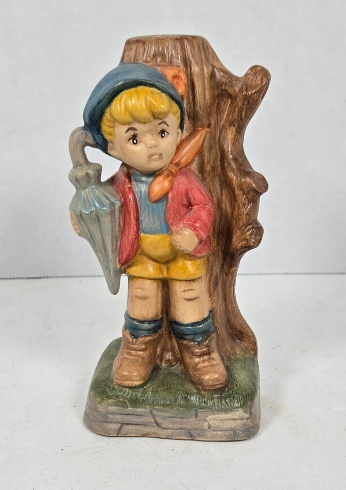 Vintage Figurine Little Boy Holding Umbrella Ceramic Figure 6.5 in tall