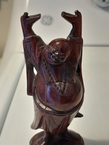 Vintage BUDDHA Rosewood Happy Laughing Hands Up Figurine Souvenir Hong Kong - Picture 6 of 7