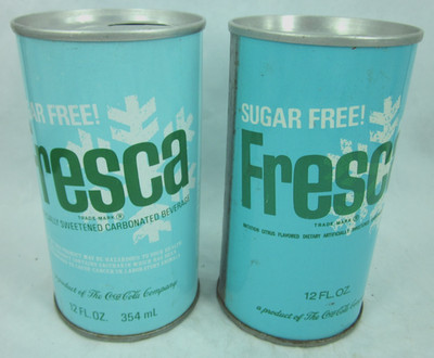 2 diff Fresca SUGAR FREE straight steel soda pop cans by Coca Cola Mattoon IL