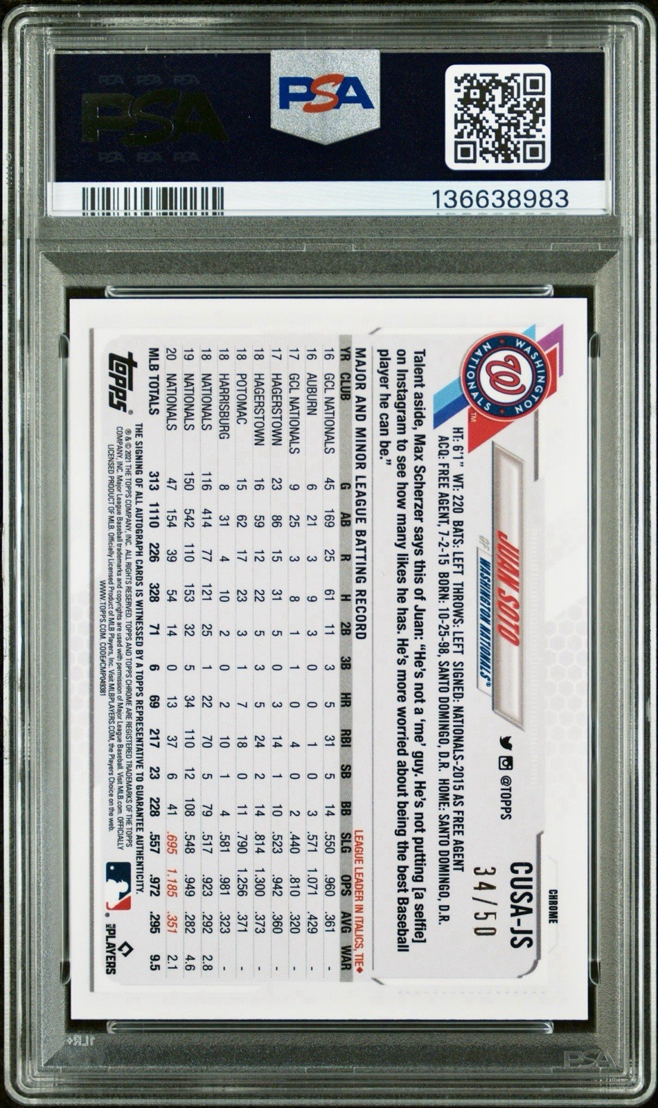 2021 Topps Chrome Update Juan Soto Gold Refractor Auto #’d 34/50 PSA 9 10 🔥📈 view 2