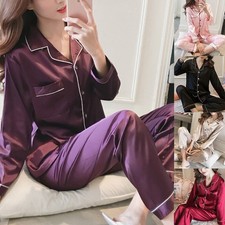 Women Ladies Plain Silky Satin Pyjamas Silk PJ'S Sleepwear Long Sleeve Nightwear
