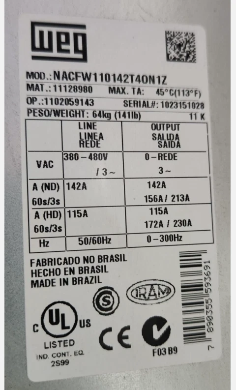 😎 WEG 125 HP CFW11 VARIABLE FREQUENCY DRIVE  INVERTER 480 VAC NACFW110142T40N1Z - Image 3 of 4