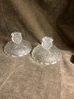 Circa 1970s Fenton art glass clear satin water lily/lotus large candle holder pr