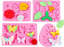 4PCS Rose Leaf Butterfly Insect Candy Silicone Molds, Flower Fondant Molds