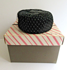 Black Velvet Pill Box Hat with Netting, 3 Bows, USA Union Label Sz 6 Vintage