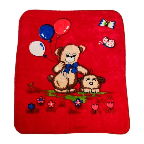 Vintage Minky Plush Baby Blanket Bear Balloon Puppy Red Reversible Korea Velour