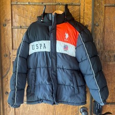 US Polo Assn Kids Puffer Jacket Navy Red White Fleece Lined Hooded Size 14/16