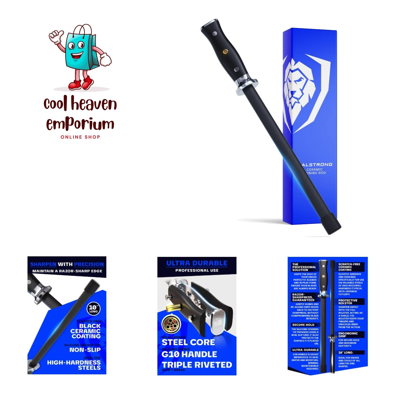 Honing Rod - 10 inch - G10 Handle - Stainless Steel Core - Scratch-Free Ceram...