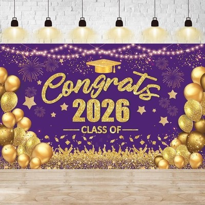 Purple and Gold Class of 2026 Banner Congrats Graduation Decorations - Large ...