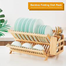 Bamboo Dish Drying Rack, 3 Tier Collapsible Wooden Dish Drainer Rack with Ute...