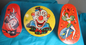 Old Three Halloween Noise Makers Owl withJack O Lantern Clown Dancing Lady Metal
