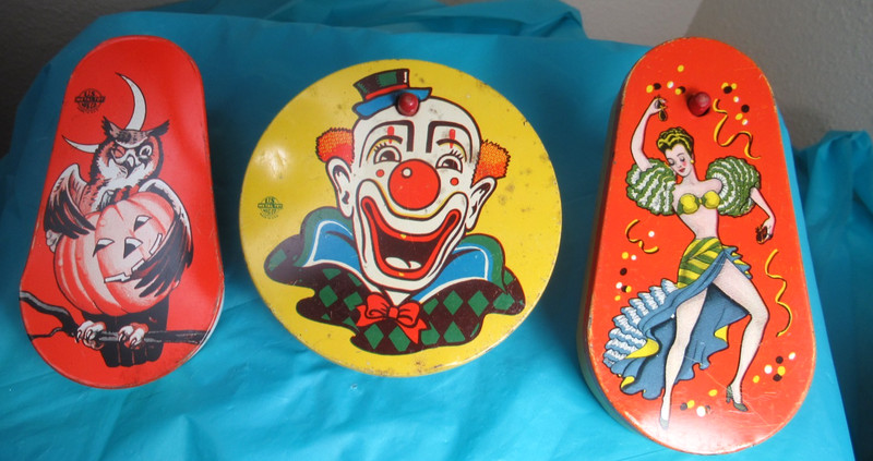 Old Three Halloween Noise Makers Owl withJack O Lantern Clown Dancing Lady Metal