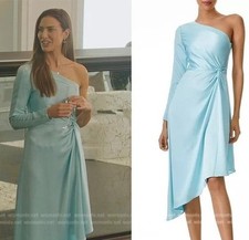 ALICE + OLIVIA One Shoulder Asymmetrical Satin Midi Dress Blue Size 14 XL Dora