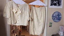 Vintage Cream Brocade Skirt Suit with Bow Detail 1960