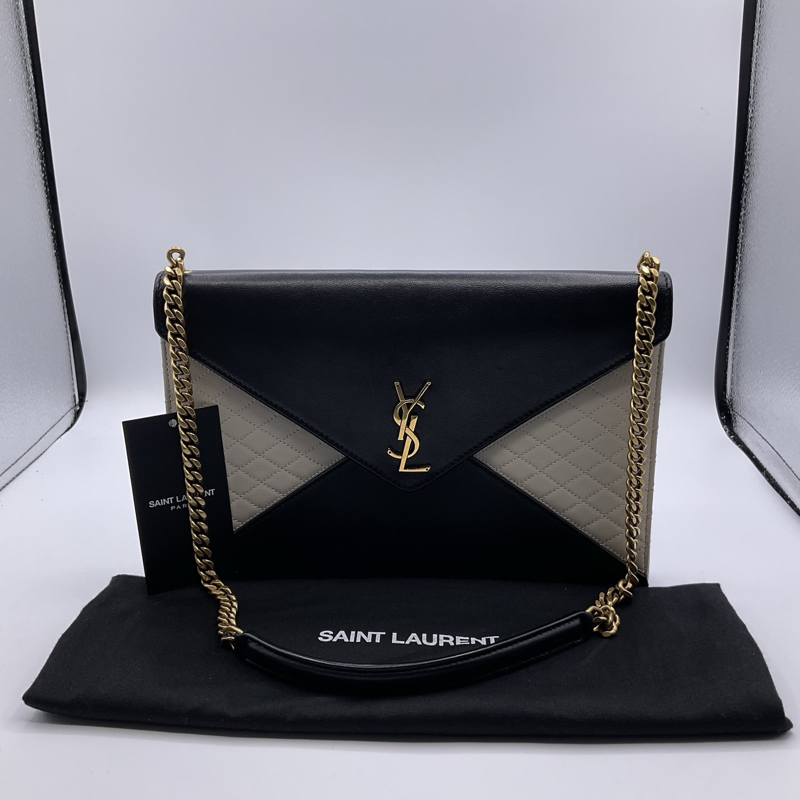 Borsa a tracolla YSL Saint Laurent Gaby busta catena pelle trapuntata nero crema