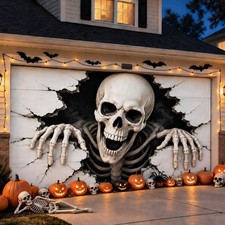 7 x 16 ft Halloween Garage Door Cover, 3D Skeleton Breaking Through Door Hall...