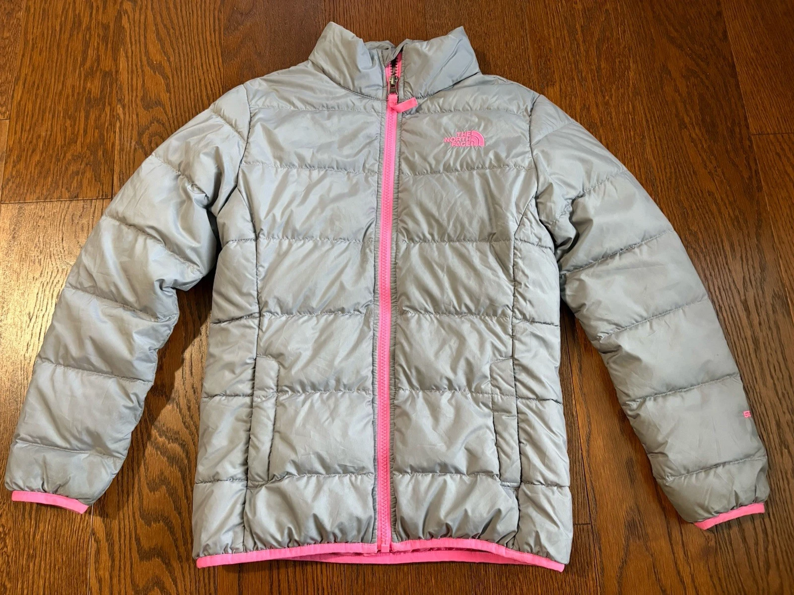 The North Face Girls' Down Puffer Jacket Grey/Pink Full Zip, Size 10/12