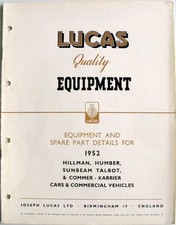 Lucas HILLMAN/HUMBER Sunbeam Talbot COMMER KARRIER Spares List 1952 #CCE901A