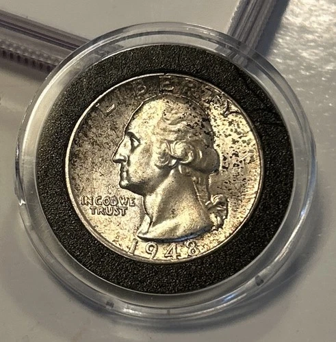 1948 Washington Quarter- Nice UNC W/Toning- - 90% Silver 👍w/ Plastic Capsule