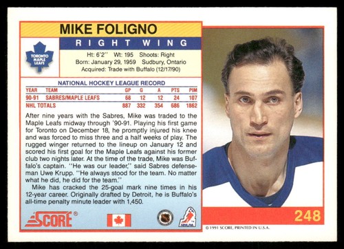 Mike Foligno 1991-92 Score Canadian English #248 Toronto Maple Leafs - Picture 2 of 2
