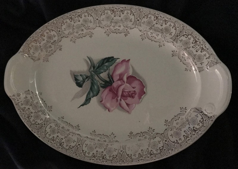 Vintage Taylor Smith Taylor USA 12” Oval Serving Platter Pink Rose 22K Gold Band