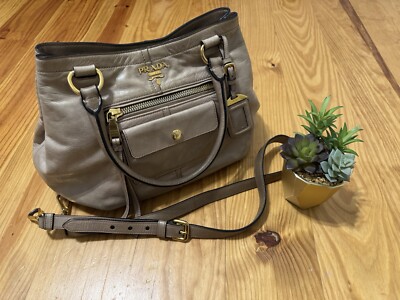 Authentic Prada Sacca 2 Manici Vitello Shine Handbag Color: Cammeo w/ Gold