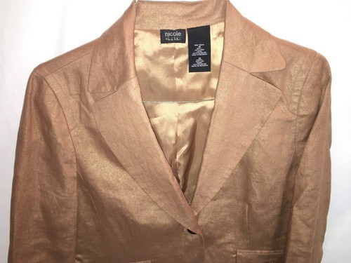 WOMENS BRONZE 100% LINEN LINED NICOLE MILLER CAREER BLAZER JACKET SIZE 14 42" - Picture 2 of 5